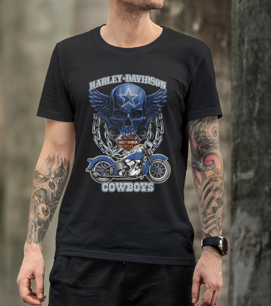 Harley Davidson Cowboys Nfl Dallas Cowboys Motorcycle Skull T-Shirt