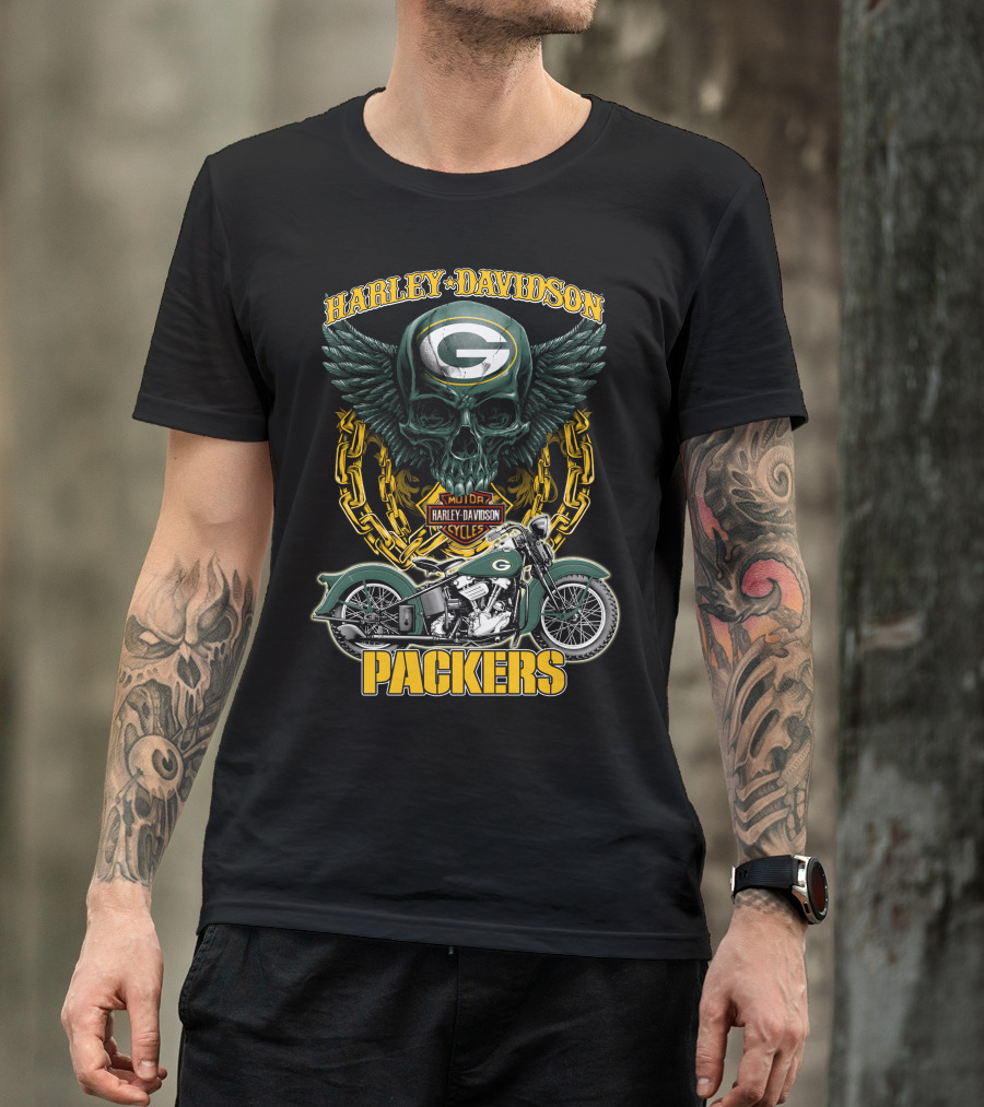 Harley Davidson Green Bay Packers Motorcycle Skull Nfl Packers T-Shirt