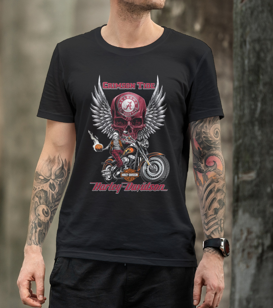 Crimson Tide Alabama Harley Davidson Motorcycles Ncaa Skull Wings T-Shirt