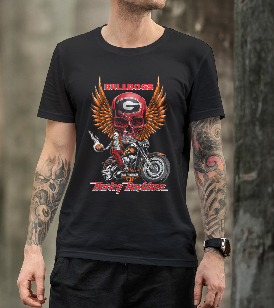 Bulldogs Harley Davidson Georgia Motorcycle Skull Wings T-Shirt