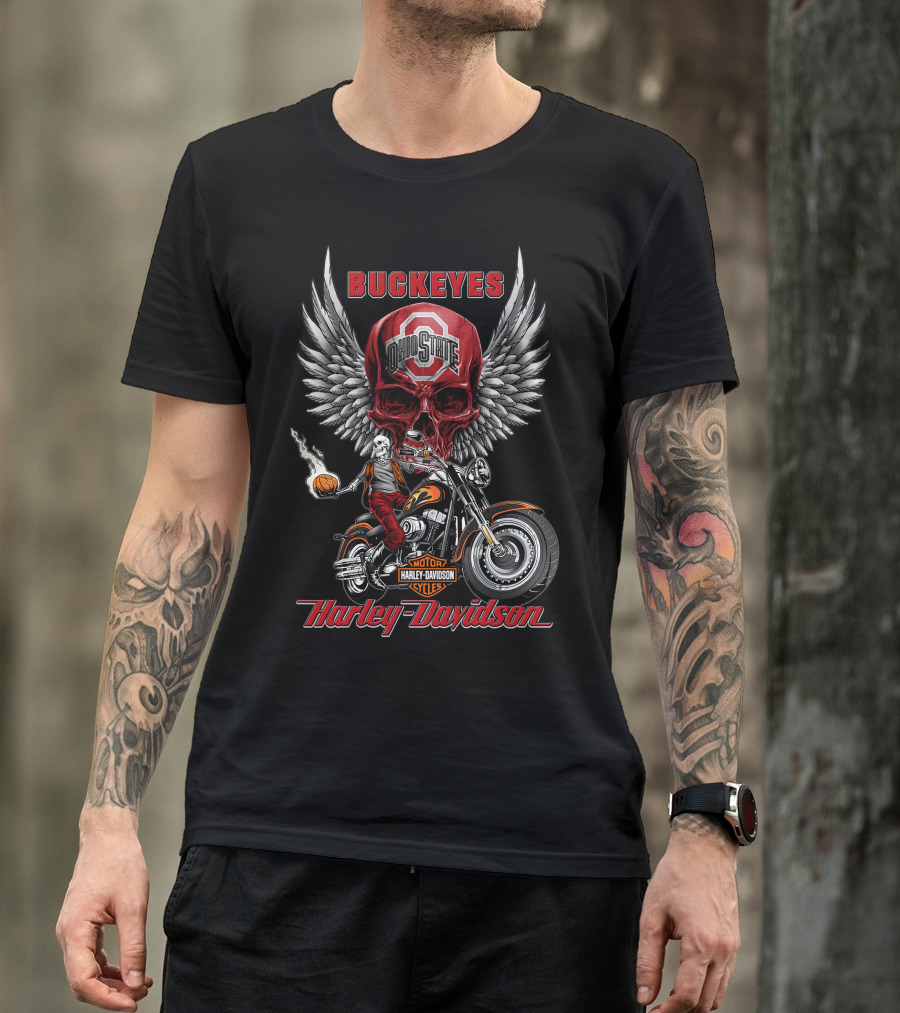 Buckeyes Ohio State Skull Harley Davidson Motor Cycles Wings Basketball T-Shirt