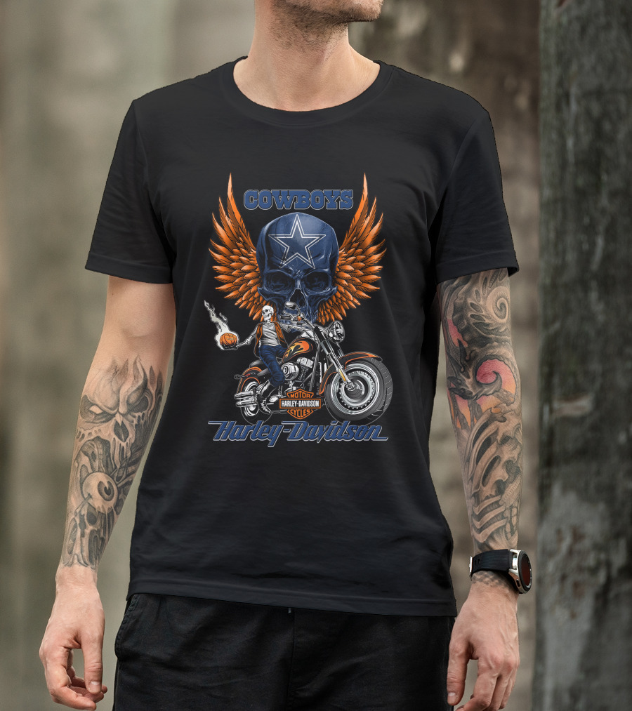 Cowboys Harley Davidson Motor Cycles Skull Star Wings T-Shirt