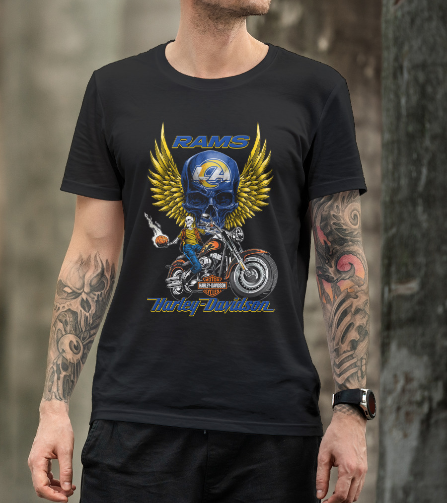 Harley Davidson Rams Skull With Los Angeles Nfl Motorcycle And Flaming Ball T-Shirt