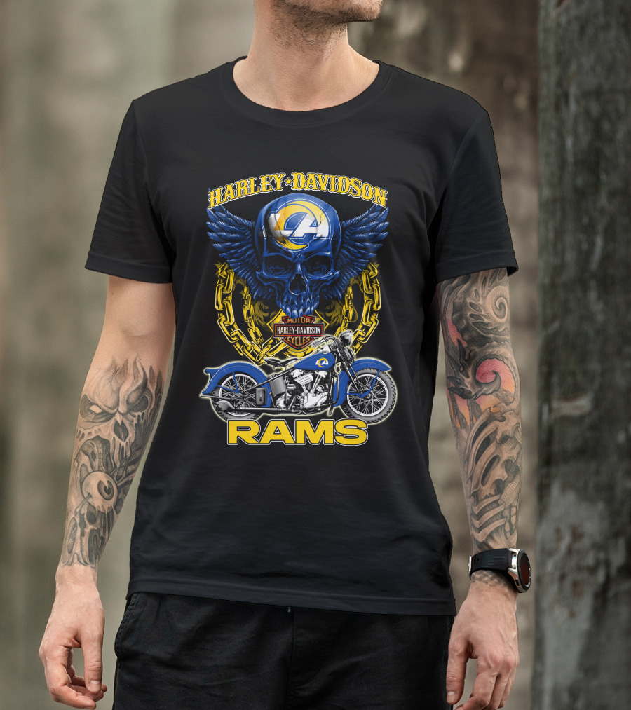 Harley Davidson Los Angeles Rams Nfl Motorcycle Skull T-Shirt