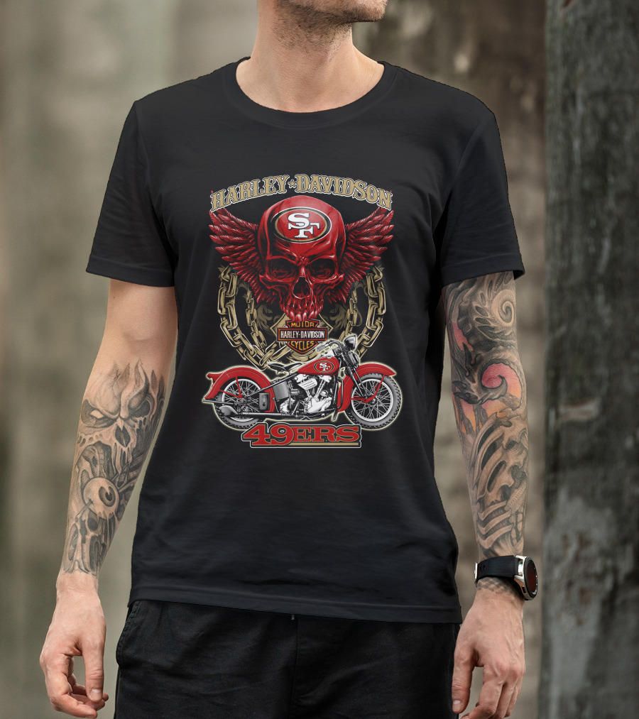 San Francisco 49ers Harley Davidson Motorcycle Skull Design Nfl 49ers T-Shirt