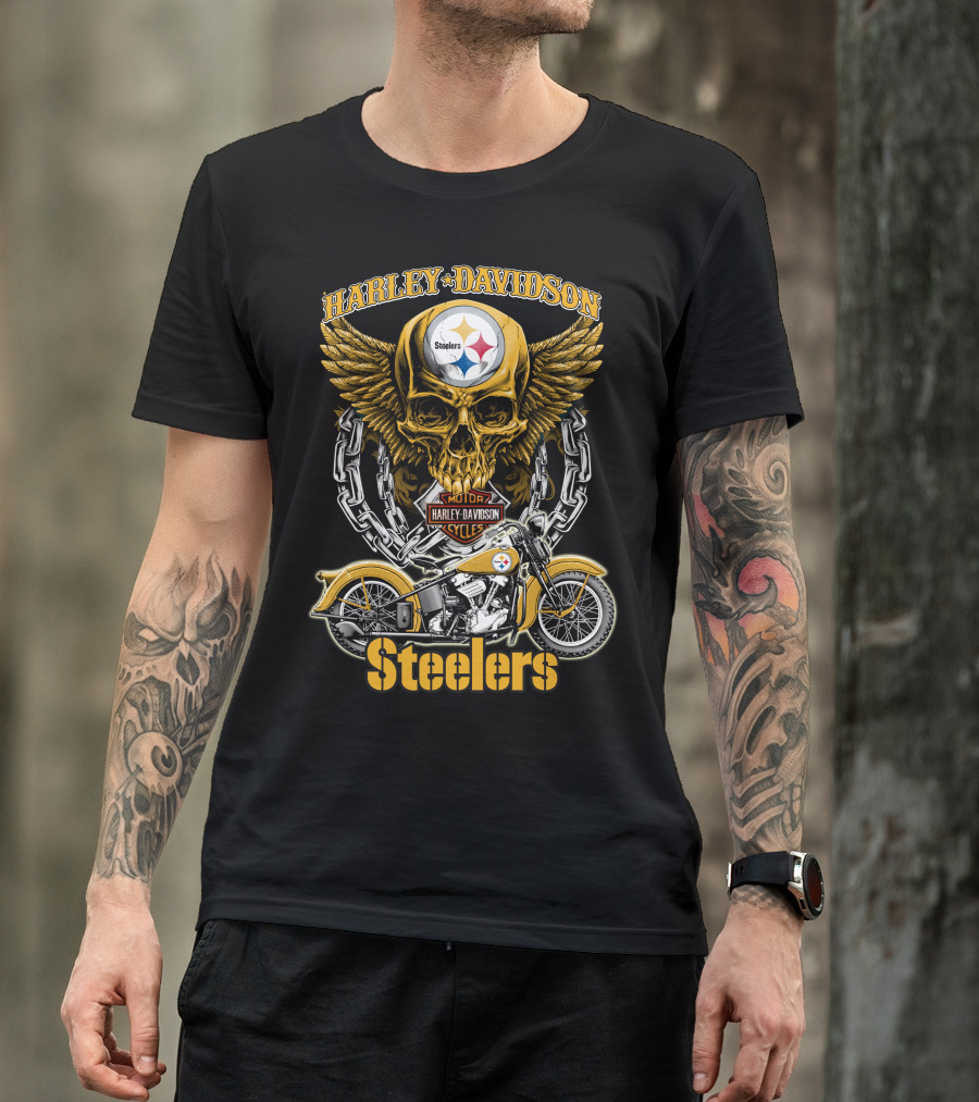 Pittsburgh Steelers Harley Davidson Winged Skull Motorcycle Nfl Hd18 T-Shirt