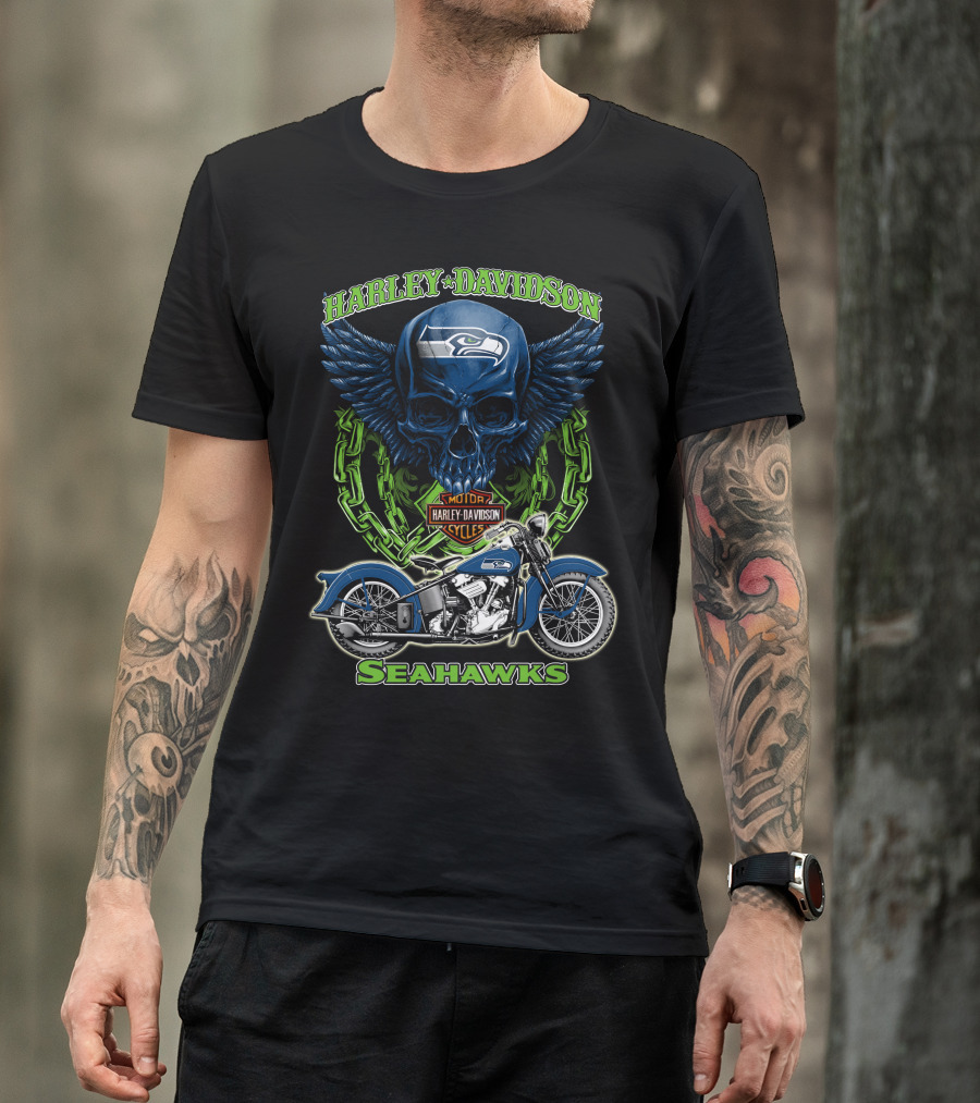 Harley Davidson Motorcycles Skull With Seattle Seahawks Logo And Bike Nfl Hd18 T-Shirt