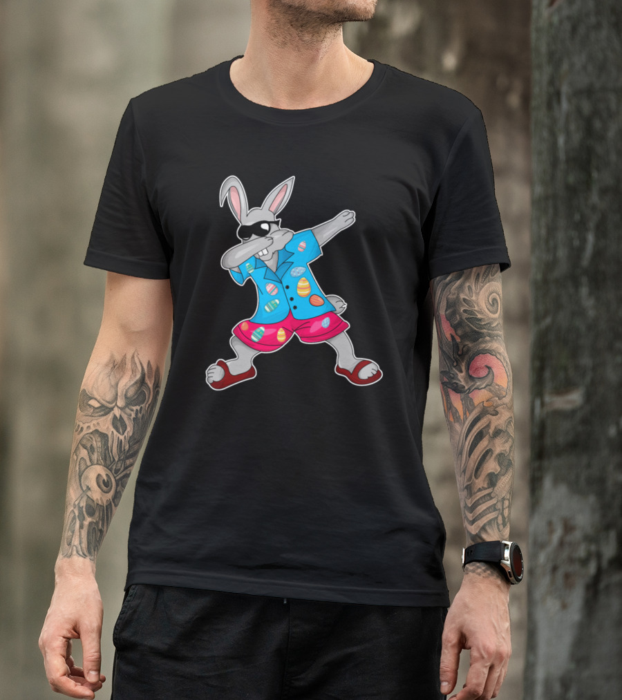 Easter Bunny Dabbing In Hawaiian Shirt With Colorful Eggs T-Shirt