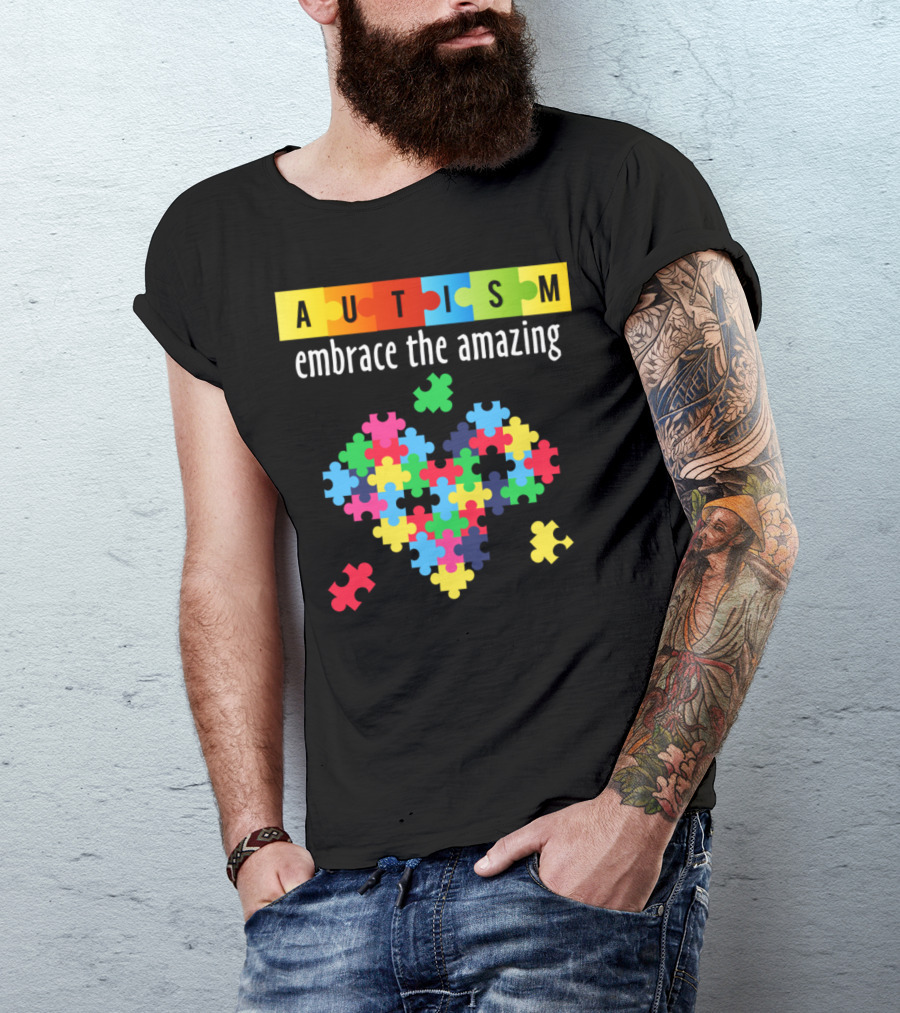 Autism Embrace The Amazing Colorful Puzzle Heart T-Shirt