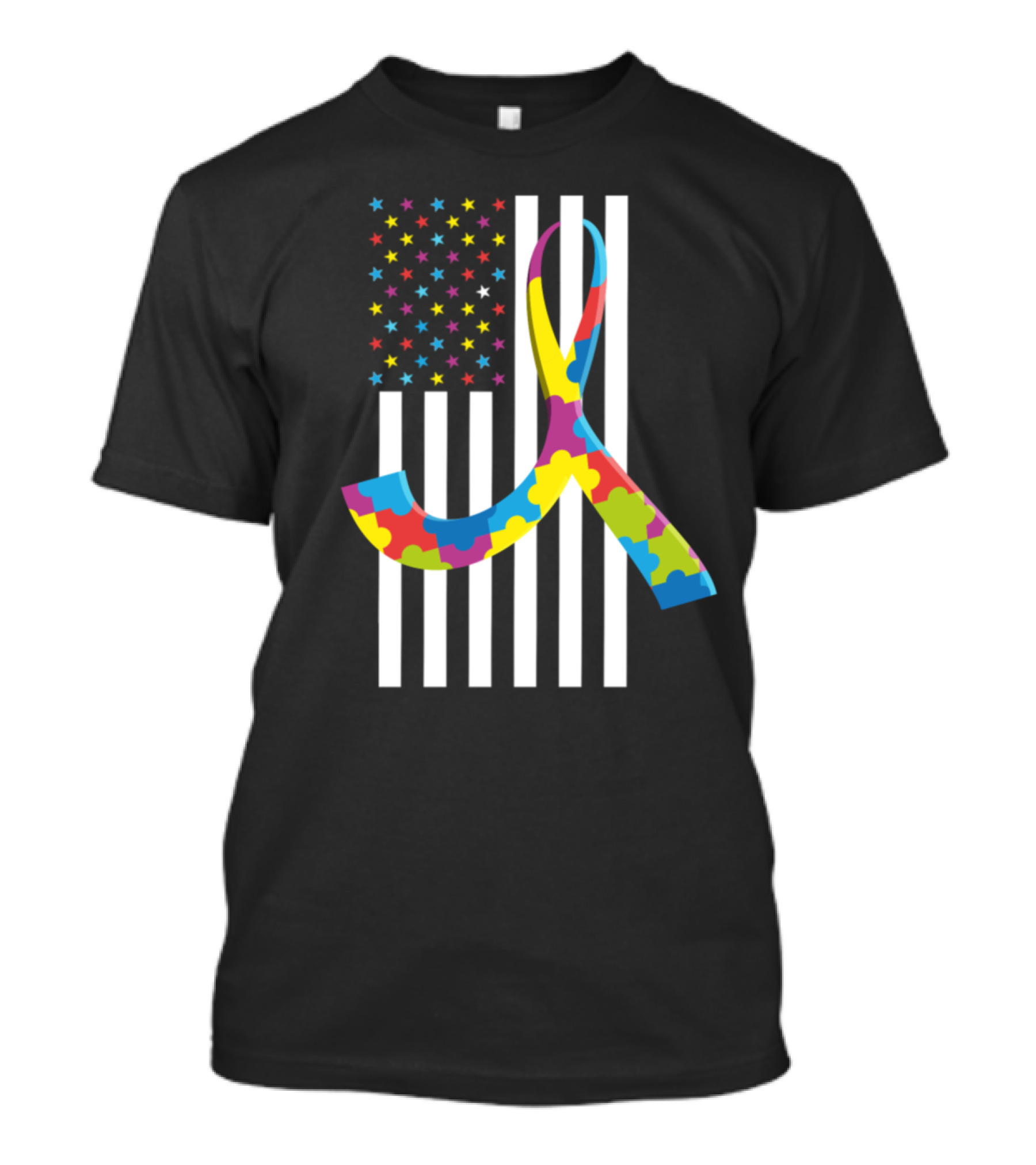Puzzle Piece Ribbon Autism Awareness American Flag Month Stripes And Stars T-Shirt