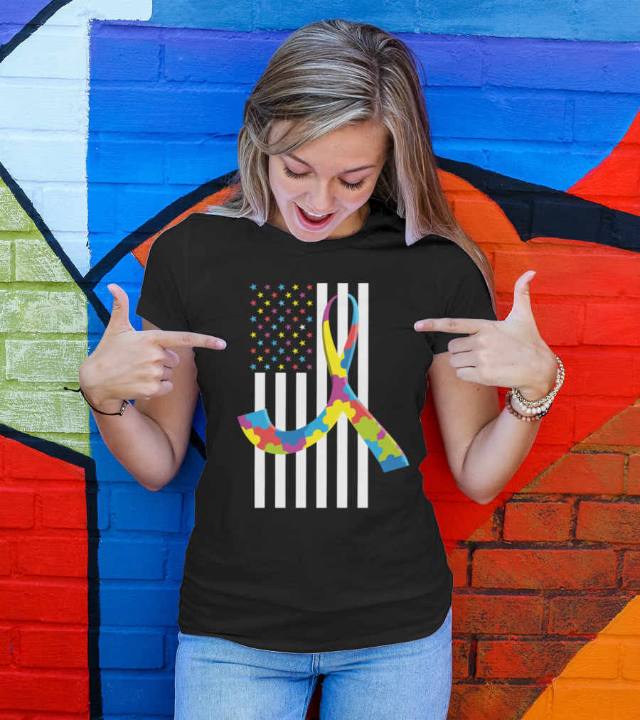 Puzzle Piece Ribbon Autism Awareness American Flag Month Stripes And Stars T-Shirt