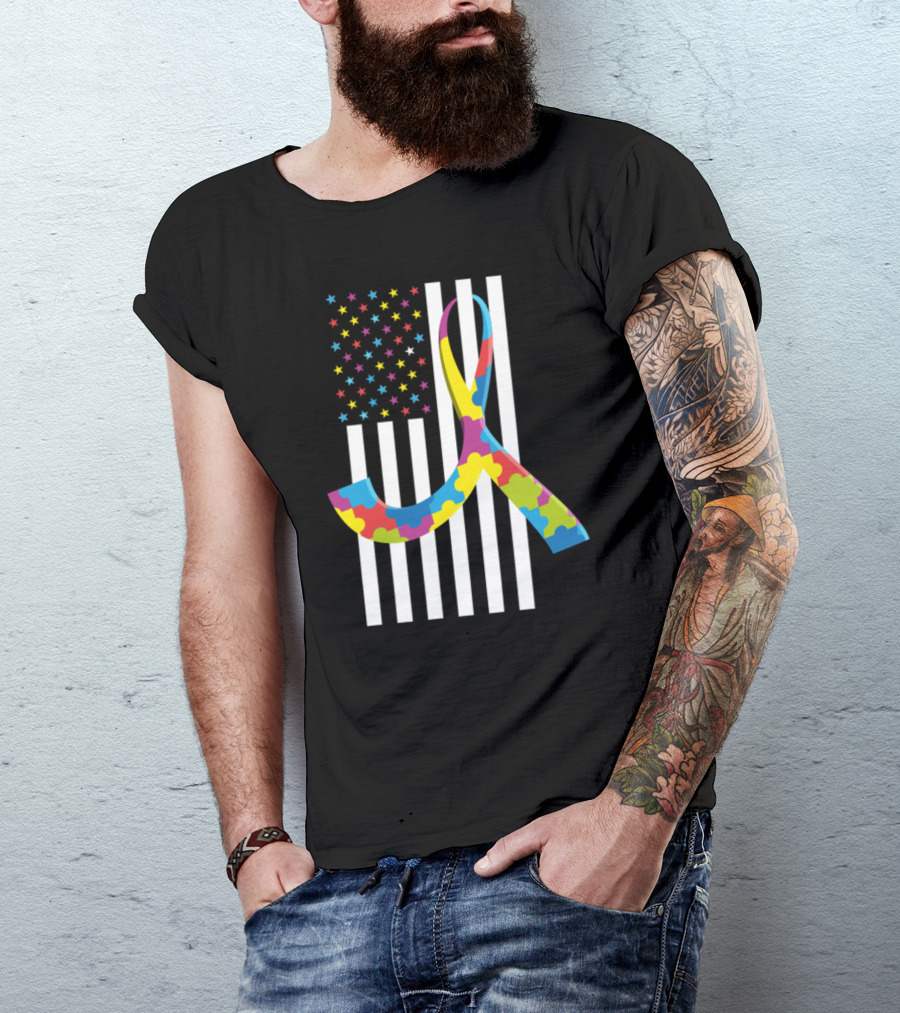 Puzzle Piece Ribbon Autism Awareness American Flag Month Stripes And Stars T-Shirt