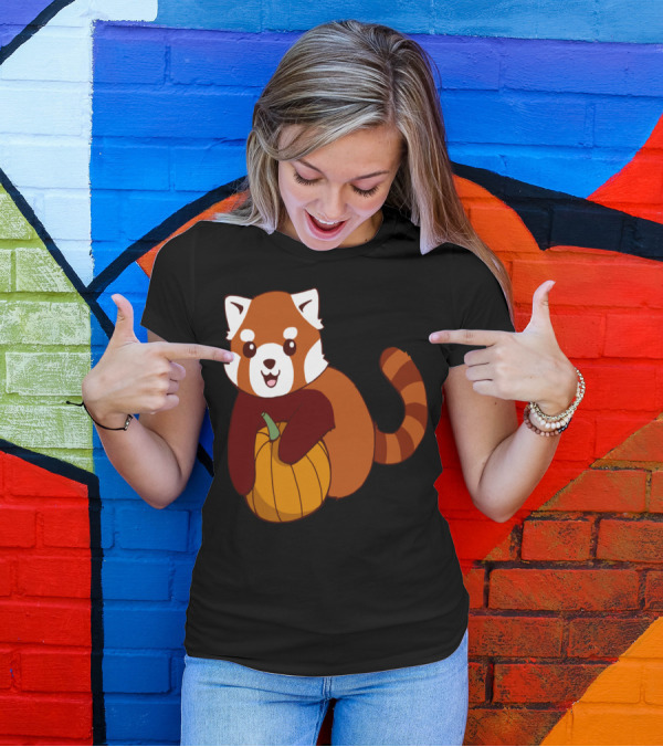 Pumpkin Hugging Red Panda Cute Cartoon Character T-Shirt