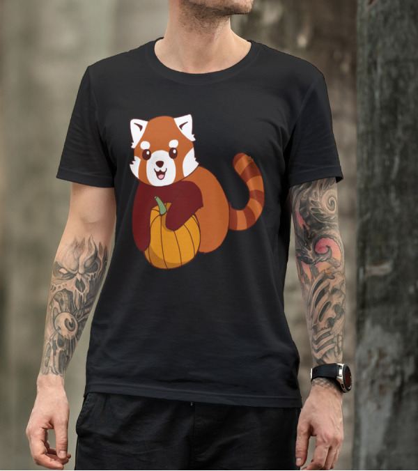 Pumpkin Hugging Red Panda Cute Cartoon Character T-Shirt