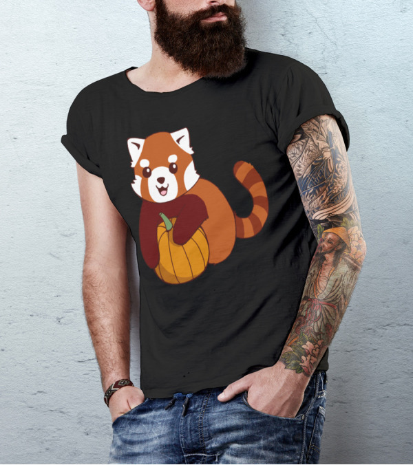 Pumpkin Hugging Red Panda Cute Cartoon Character T-Shirt