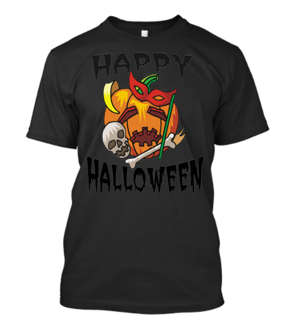 Happy Halloween Pumpkin With Skull Mask Bone And Broomstick T-Shirt