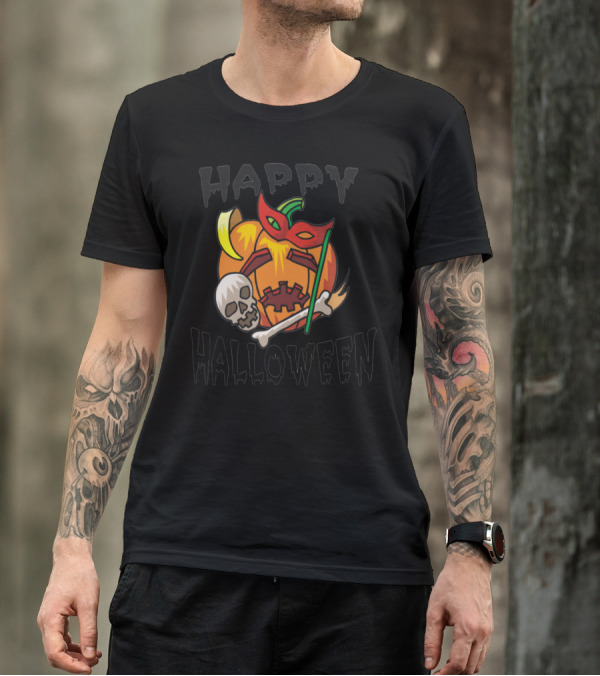 Happy Halloween Pumpkin With Skull Mask Bone And Broomstick T-Shirt