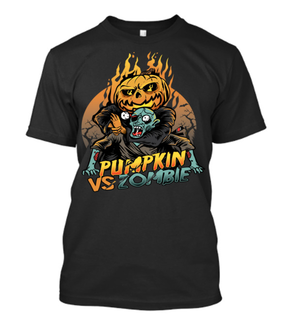 Pumpkin Vs Zombie Halloween Battle With Fiery Jack-O'-Lantern And Spooky Graveyard Background T-Shirt