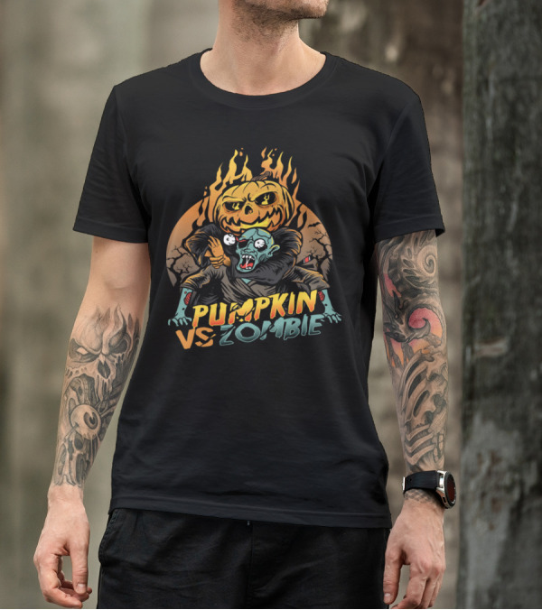 Pumpkin Vs Zombie Halloween Battle With Fiery Jack-O'-Lantern And Spooky Graveyard Background T-Shirt