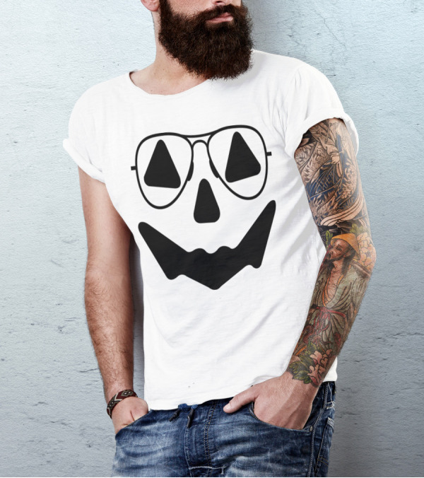 Pumpkin Face With Glasses Halloween Jack-O'-Lantern Sunglasses T-Shirt