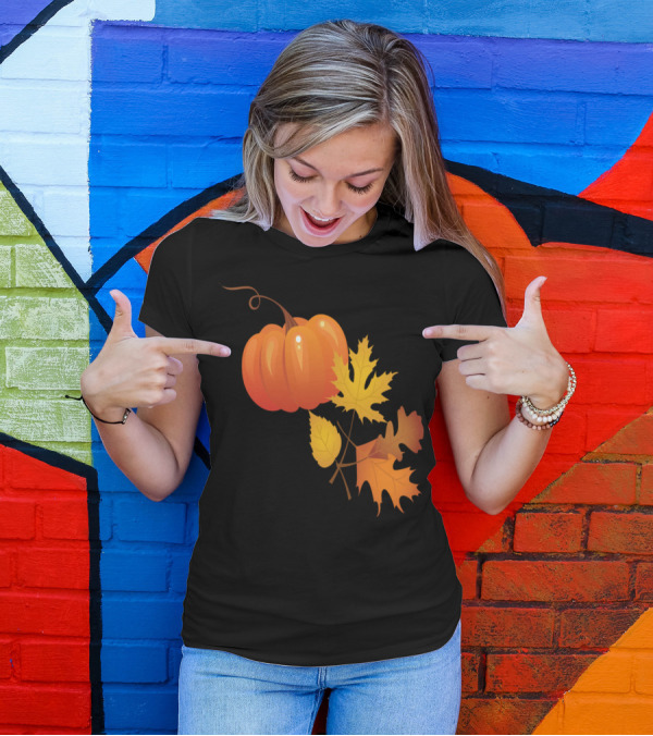 Pumpkin And Autumn Leaves With Vibrant Seasonal Foliage T-Shirt