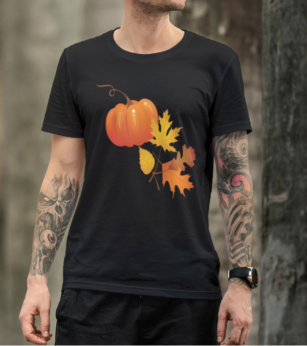 Pumpkin And Autumn Leaves With Vibrant Seasonal Foliage T-Shirt