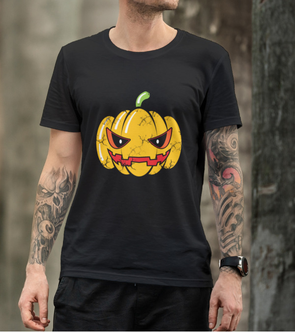 Evil Scary Pumpkin Halloween Jack-O'-Lantern Face With Cracked Texture T-Shirt