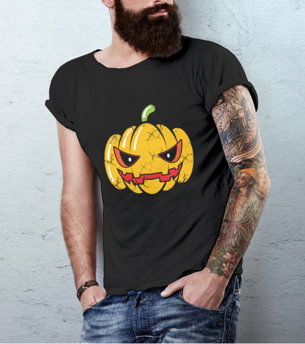 Evil Scary Pumpkin Halloween Jack-O'-Lantern Face With Cracked Texture T-Shirt