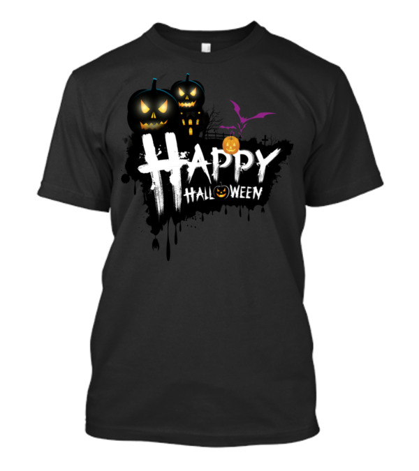 Happy Halloween Spooky Pumpkin And Bat Scene T-Shirt