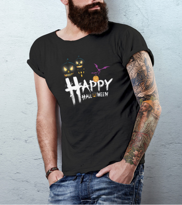Happy Halloween Spooky Pumpkin And Bat Scene T-Shirt