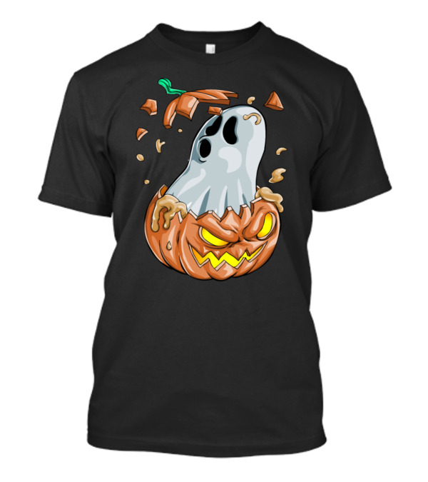 Halloween Ghost Emerging From Broken Pumpkin T-Shirt