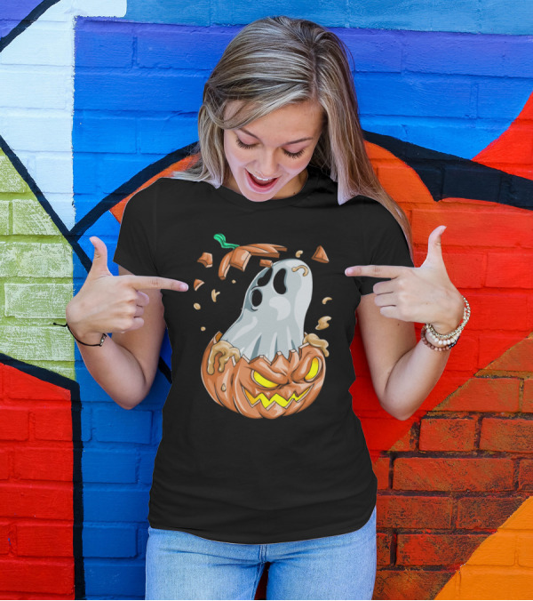 Halloween Ghost Emerging From Broken Pumpkin T-Shirt