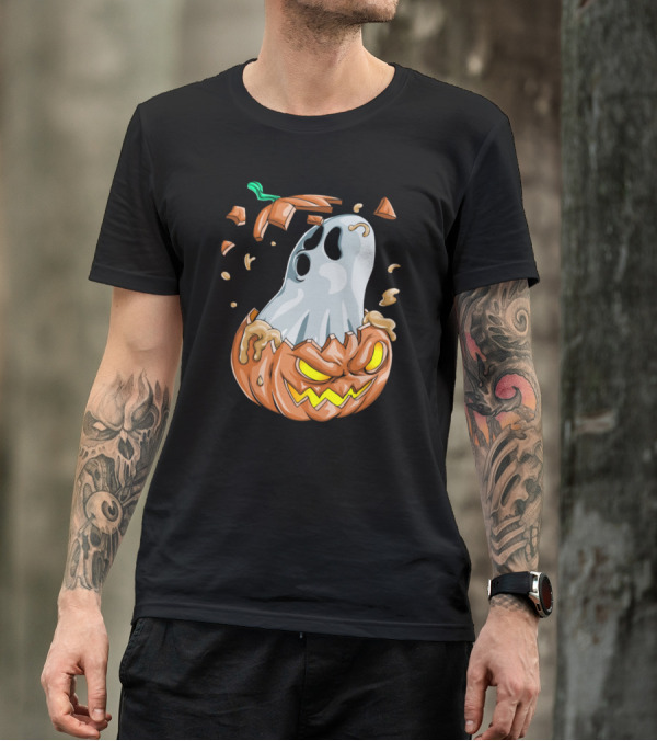 Halloween Ghost Emerging From Broken Pumpkin T-Shirt