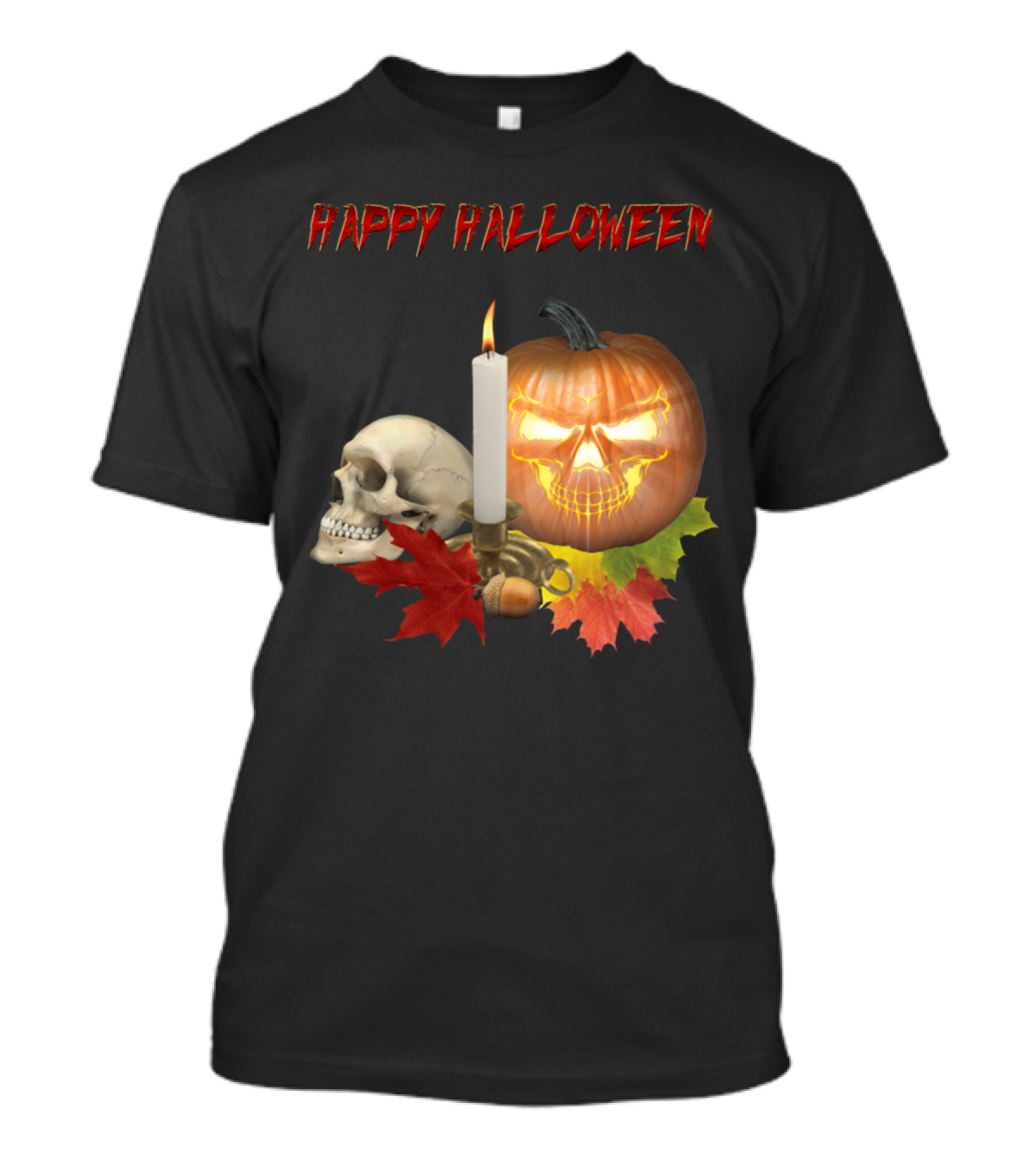 Happy Halloween Pumpkin Skull With Candle And Leaves T-Shirt