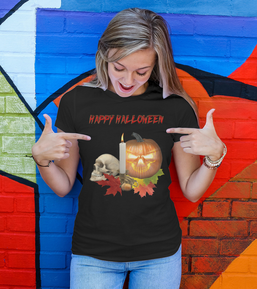 Happy Halloween Pumpkin Skull With Candle And Leaves T-Shirt