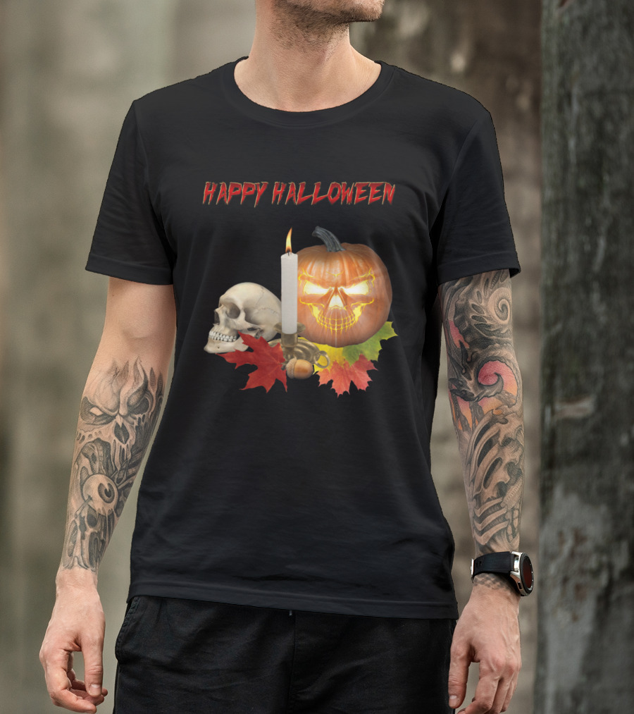 Happy Halloween Pumpkin Skull With Candle And Leaves T-Shirt