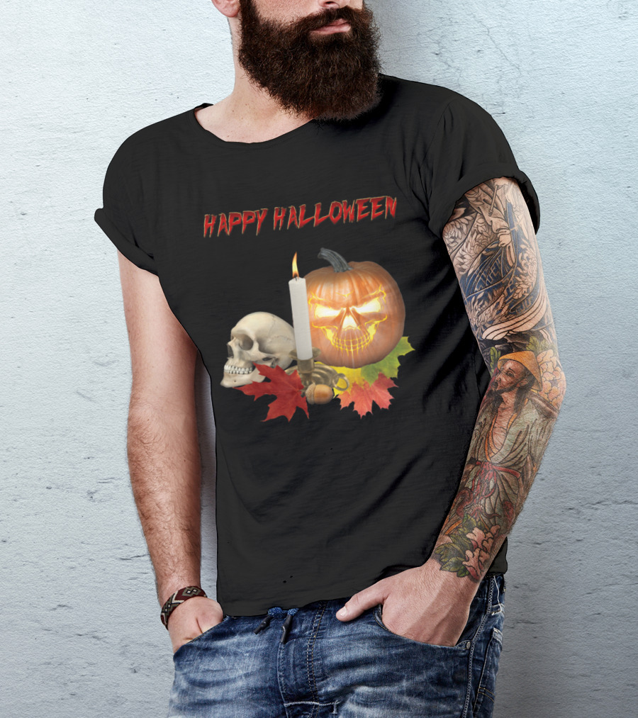 Happy Halloween Pumpkin Skull With Candle And Leaves T-Shirt