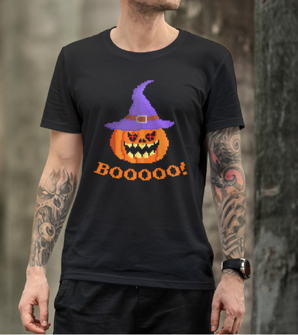 Pixel Art Halloween Pumpkin Witch Hat Booooo T-Shirt