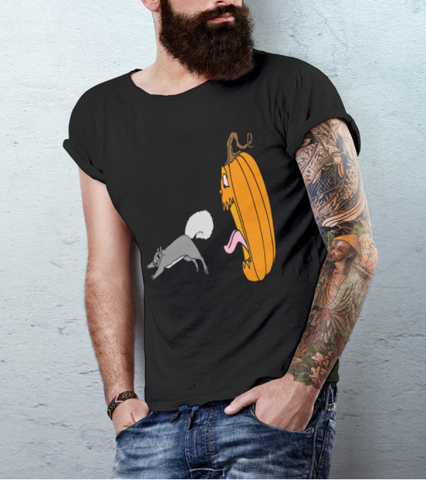 Squirrel Defending Against Scary Halloween Pumpkin With Tongue And Teeth T-Shirt