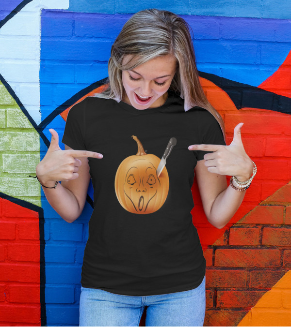 Horror Icon Scream Face Pumpkin With Knife Halloween T-Shirt
