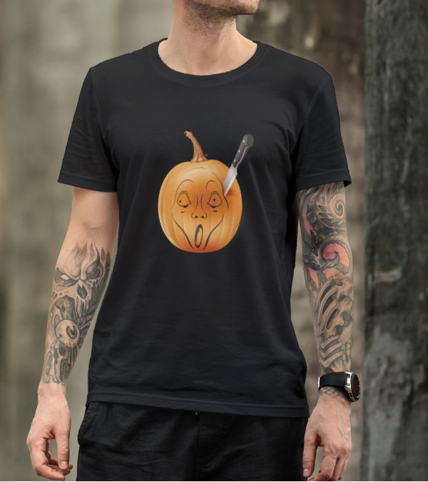 Horror Icon Scream Face Pumpkin With Knife Halloween T-Shirt