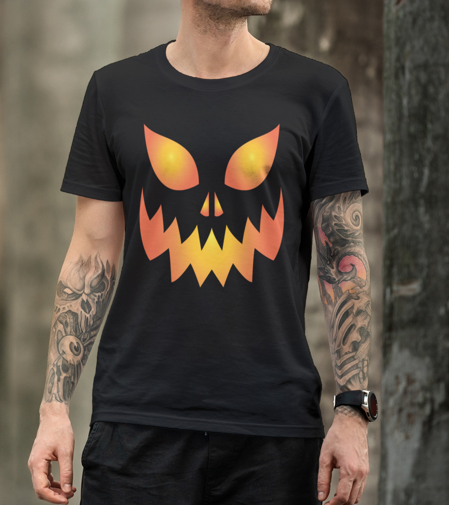 Scary Pumpkin Helloween Face Design Fierce Glowing Eyes And Jagged Grin T-Shirt