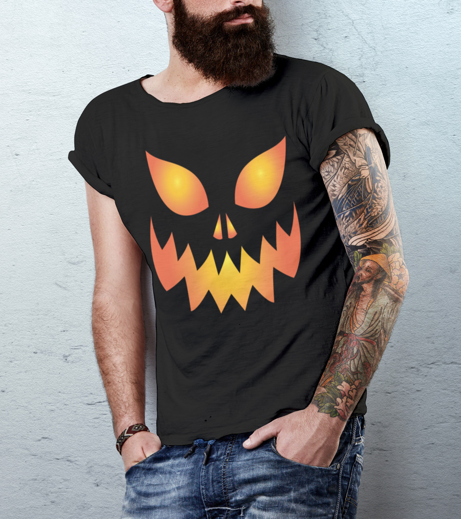 Scary Pumpkin Helloween Face Design Fierce Glowing Eyes And Jagged Grin T-Shirt