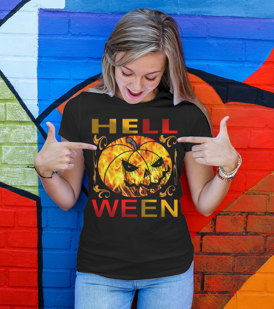 Helloween Flaming Jack-o'-Lantern With Golden Ornamental Flames And Bold Red Letters T-Shirt