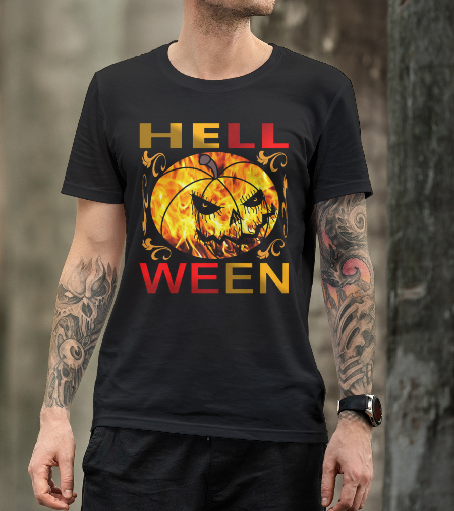 Helloween Flaming Jack-o'-Lantern With Golden Ornamental Flames And Bold Red Letters T-Shirt