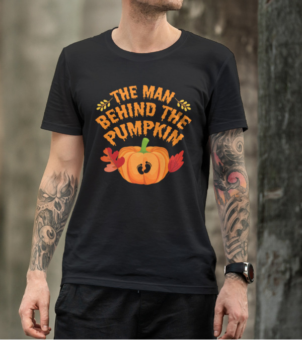 The Man Behind The Pumpkin With Baby Footprints New Dad Autumn Leaves T-Shirt