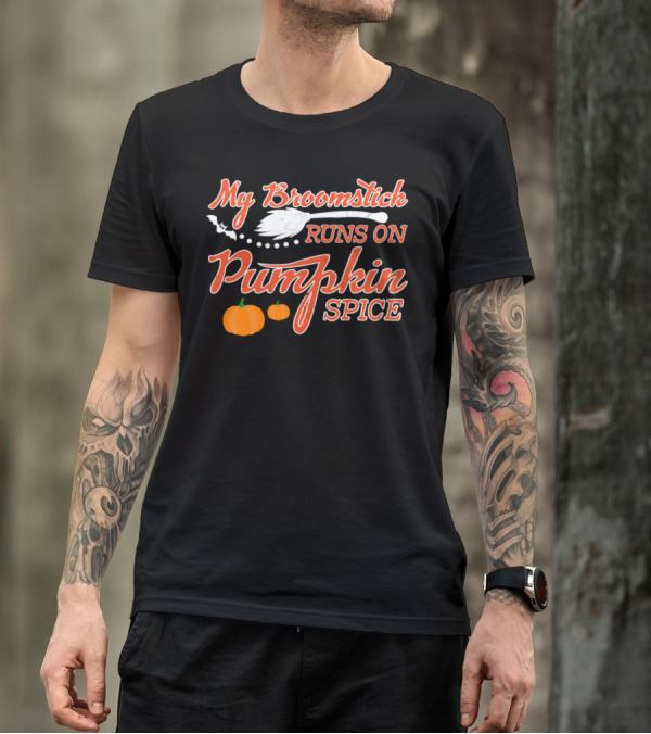 Playful Witch Broomstick Fueled By Pumpkin Spice With Halloween Pumpkins T-Shirt