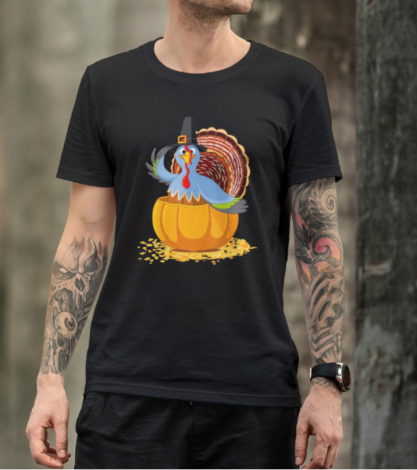 Thanksgiving Day Turkey Wearing Pilgrim Hat Inside Pumpkin T-Shirt