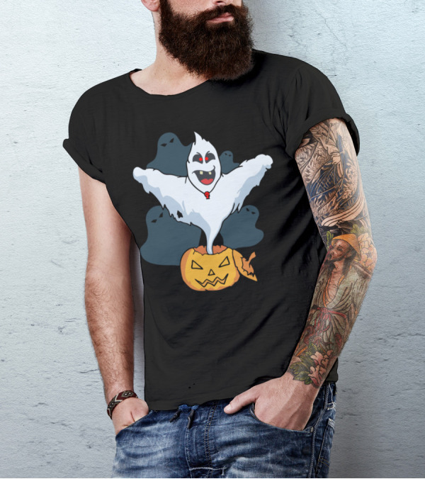 Ghost Rising From Pumpkin With Halloween Jack O'Lantern And Spooky Faces T-Shirt