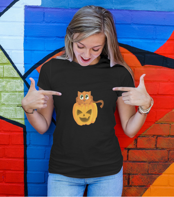 Cat And Jack-O'-Lantern Pumpkin T-Shirt